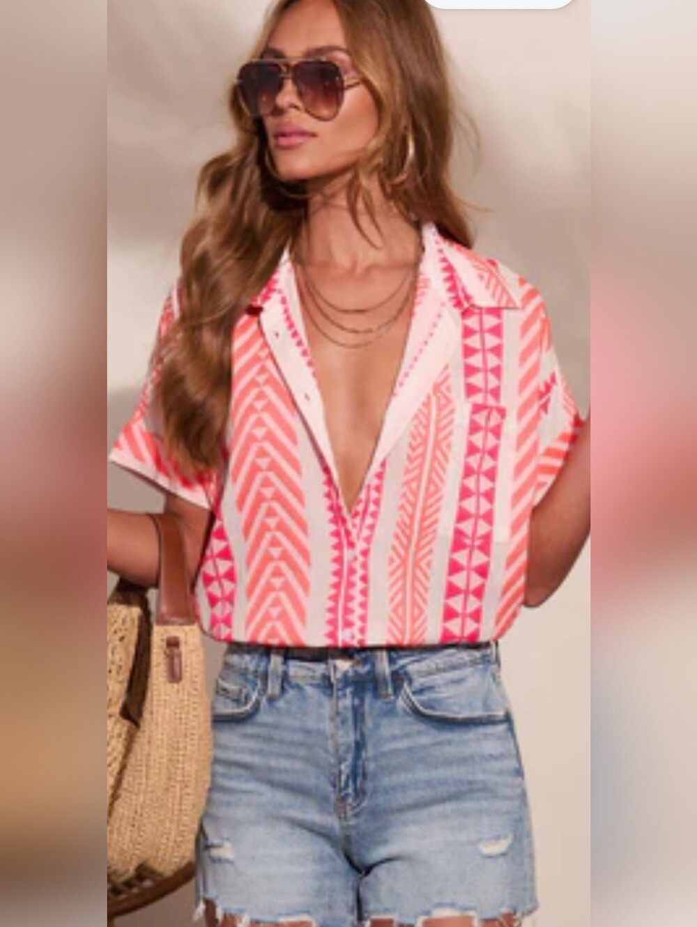 En Créme Women's Coral Pink and Orange Geometric Button-Front Blouse